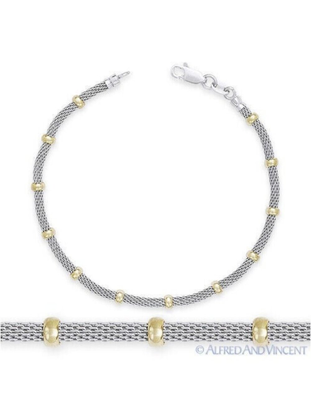 Bead & Mesh Chain Bracelet in .925 Sterling Silver w/ Rhodium & 14k Gold - 7.5"